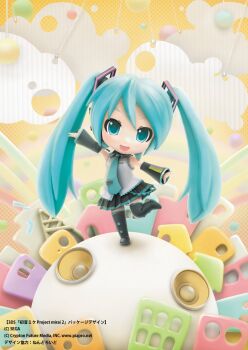 1girl :d aqua_eyes aqua_hair aqua_necktie arm_up black_boots black_skirt black_sleeves boots building chibi chibi_only cloud copyright_notice detached_sleeves grey_shirt hashtag-only_commentary hatsune_miku highres leg_up lightning_bolt_symbol long_hair long_sleeves looking_at_viewer necktie nekoita number_tattoo official_art on_mini_planet open_mouth pleated_skirt project_mirai shirt shoulder_tattoo skirt sleeveless sleeveless_shirt sleeves_past_wrists smile solo speaker standing standing_on_one_leg string tattoo thigh_boots transmission_tower twintails vocaloid