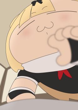 1girl 1other :3 absurdres black_bridal_gauntlets black_shirt blonde_hair blurry bow bridal_gauntlets chibi commentary_request hair_bow hair_flaps highres kantai_collection kloah long_hair pov shirt solo_focus yuudachi_(kancolle) yuudachi_kai_ni_(kancolle)