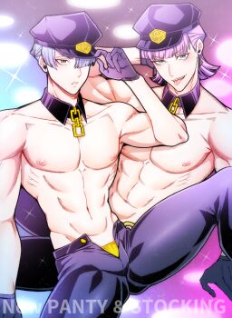 2boys blunt_bangs brothers detached_collar gloves male_focus multiple_boys muscle_my_baby muscular muscular_male nipples panty_&amp;_stocking_with_garterbelt polyester_(psg) polyurethane_(psg) siblings title topless_male unzipped_pants