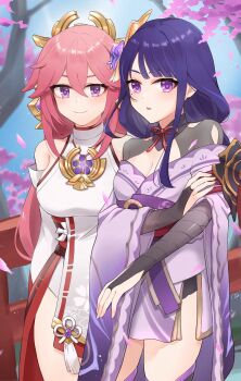 2girls animal_ear_piercing animal_ears bare_shoulders blue_sky blunt_bangs blurry braid breasts bridal_gauntlets cherry_blossoms cleavage closed_mouth clothing_cutout commentary couple depth_of_field detached_sleeves fox_ears fox_girl genshin_impact hair_between_eyes hair_ornament headpiece highres huge_breasts japanese_clothes jewelry kimono large_breasts light_blush light_smile lingerie long_braid long_hair long_sleeves looking_at_viewer mitsudomoe_(shape) mole mole_under_eye multiple_girls neck_ribbon off_shoulder oq pendant pink_hair purple_eyes purple_hair purple_kimono purple_thighhighs raiden_shogun red_ribbon red_sash ribbon sash shade shoulder_cutout single_braid sky standing thighhighs tomoe_(symbol) tree underwear upper_body wide_sleeves yae_miko yuri