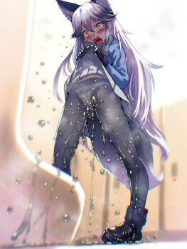 1girl animal_ear_fluff animal_ears black_gloves black_pantyhose black_shoes blue_shirt blurry blurry_background blush bow bow_panties character_request clothes_lift crying crying_with_eyes_open female_focus from_below gloves grey_skirt highres indoors kemono_friends lifting_own_clothes long_hair long_sleeves navel open_mouth panties pantyhose pee pee_stain peeing peeing_self pleated_skirt public_restroom shirt shoes sidelocks skirt skirt_lift solo soon_(c-u-soon) standing tail tears teeth thighs tongue underwear upper_teeth_only urinal variant_set very_long_hair water_drop white_hair white_panties wolf_ears wolf_girl wolf_tail yellow_eyes