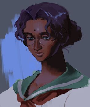 Rule 34 | 1girl, absurdres, aqua sailor collar, bindi, black hair, closed mouth, commentary, dark-skinned female, dark skin, glasses, grey background, highres, himemiya anthy, neckerchief, ootori gakuen school uniform, portrait, red neckerchief, sailor collar, school uniform, shirt, shoujo kakumei utena, solo, white shirt, xrnoodle