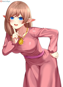 1girl :d absurdres blue_eyes blush breasts brown_hair collarbone commission commissioner_upload dress elf finger_to_cheek hand_on_own_hip hand_up highres index_finger_raised jewelry leaning_forward long_hair long_sleeves looking_at_viewer lori_hagami low-tied_long_hair low_side_ponytail medium_breasts necklace official_art open_mouth patreon_logo patreon_username pink_dress pink_sash pointy_ears puffy_long_sleeves puffy_sleeves sash sepha_farona simple_background smile solo username ways_of_darkness_(series) white_background