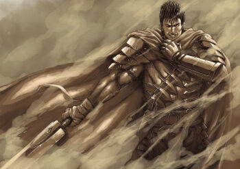 1boy 4b-enpitsu armor berserk black_hair cape gauntlets guts_(berserk) holding holding_sword holding_weapon male_focus mechanical_arms miura_kentarou_(style) muscular muscular_male one_eye_closed prosthesis single_gauntlet single_mechanical_arm sword unsheathed weapon