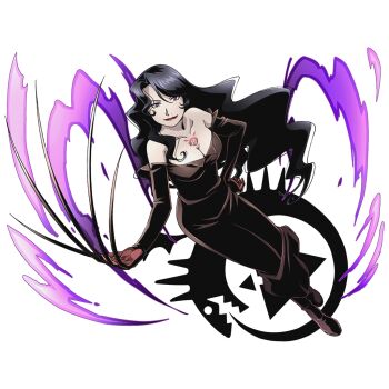 10s 1girl alpha_transparency bare_shoulders black_boots black_dress black_hair black_nails boots breasts cleavage collarbone detached_sleeves divine_gate dress female_focus floating_hair full_body fullmetal_alchemist gloves hand_on_own_hip large_breasts lipstick long_hair looking_at_viewer lust_(fma) makeup nail_polish official_art purple_eyes red_gloves red_lips shadow sharp_nails sleeveless sleeveless_dress solo strapless strapless_dress tattoo transparent_background ucmm very_long_hair