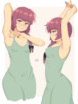 Rule 34 | 1girl, absurdres, armpits, artist name, ass, black bow, black nails, blush, bocchi the rock!, bow, breasts, cleavage, closed mouth, covered navel, cowboy shot, dress, fang, from side, green dress, hair bow, hair over shoulder, hand up, hands up, highres, hiroi kikuri, long hair, looking at viewer, multiple views, nail polish, no bra, parted lips, profile, purple eyes, red hair, sharp teeth, sidelocks, simple background, skin fang, small breasts, smile, solo, teeth, treepxiv, v, v over armpit, wide hips, yellow background