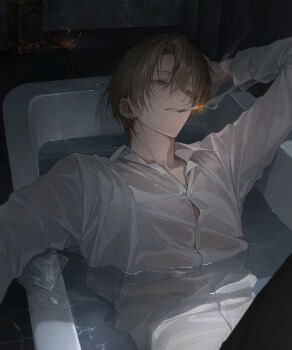 Rule 34 | 1boy, absurdres, alcohol, arm up, bag, bathtub, black pants, brown eyes, brown hair, button gap, buttons, cigarette, collarbone, collared shirt, commentary request, cup, dress shirt, drinking glass, ear piercing, earrings, empty eyes, hair between eyes, half-closed eyes, hand to head, highres, indoors, jack daniel's, jewelry, kkamiiz, lighting cigarette, long sleeves, making-of available, male focus, mole, mole under mouth, mouth hold, open bag, original, pants, parted bangs, partially submerged, piercing, pill, shirt, short hair, sidelocks, silver ring, smoke, smoke trail, smoking, solo, spill, suicide, tile floor, tiles, unworn ring, upper body, wet, wet clothes, wet hair, wet shirt, whiskey, white shirt