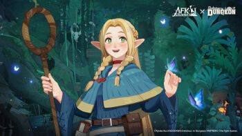 Rule 34 | 1girl, afk (series), afk journey, animal skull, bag, belt, belt buckle, belt pouch, blonde hair, blue capelet, blue robe, blush, braid, brown belt, buckle, bug, butterfly, butterfly on hand, capelet, commentary, copyright logo, copyright notice, dungeon meshi, english commentary, green eyes, half up braid, highres, hood, hooded capelet, insect, logo, long hair, long sleeves, marcille donato, nature, official art, official wallpaper, open mouth, plant, pouch, robe, satchel, smile, solo, standing, twin braids