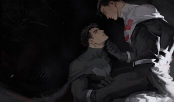 Rule 34 | 2boys, adam's apple, arm up, batman, batman (series), batman symbol, belt, black bodysuit, black gloves, black hair, blue eyes, bodysuit, cape, dc comics, eye contact, gloves, grey cape, hand on another's leg, head back, highres, kneeling, looking at another, male focus, multiple boys, parted lips, short sideburns, sideburns, sitting, superhero costume, superman, superman (series), superman logo, tokireii, white belt, yaoi