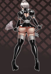 Rule 34 | 1girl, 2b (nier:automata), alternate costume, artist logo, ass, ass support, back cutout, black dress, black footwear, black gloves, blindfold, boots, brown background, clothing cutout, cursedequinox, dress, elbow gloves, female focus, from behind, full body, gloves, high heels, huge ass, legs apart, maid, maid headdress, nier:automata, nier (series), panties, profile, puffy short sleeves, puffy sleeves, short dress, short hair, short sleeves, simple background, solo, standing, thigh boots, thighs, thong, underwear, white hair, white panties