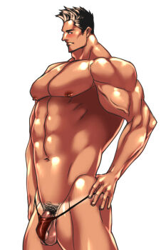 Rule 34 | 1boy, abs, bara, blush, male focus, muscular, pectorals, penis, rabbit (pixiv744412), solo, tagme, tan, tanline, testicles