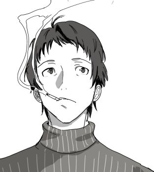 Rule 34 | 1boy, adachi tooru, ajirostudio, cigarette, closed mouth, commentary request, greyscale, highres, looking to the side, male focus, monochrome, persona, persona 4, portrait, short hair, simple background, smoke, smoking, solo, turtleneck, white background