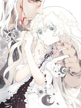 1boy 1girl beard bleeding blonde_hair blood blood_on_face braid commentary_request dress expressionless facial_hair gloves green_eyes hand_on_another's_shoulder highres injury long_hair original sumi_keiichi upper_body white_hair