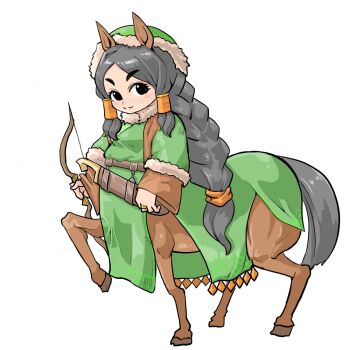 1girl :3 animal_ears black_eyes black_hair blush bow_(weapon) braid centaur closed_mouth commentary_request full_body fur_collar green_hat green_robe hair_ribbon hat holding holding_bow_(weapon) holding_weapon hooves horse_ears horse_tail long_hair long_sleeves looking_at_viewer low-tied_long_hair monster_girl mr_kunimitsu multiple_legs original parted_bangs ribbon robe sidelocks simple_background single_braid smile solo standing standing_on_three_legs tachi-e tail taur tress_ribbon very_long_hair weapon white_background