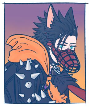 105zz 1boy animal_collar animal_ears aqua_eyes black_gloves black_hair border claws collar dog_ears everyone final_fantasy final_fantasy_vii final_fantasy_vii_ever_crisis gloves gradient_background hair_slicked_back holding holding_leash hood hoodie jacket_over_hoodie leash looking_at_viewer male_focus muzzle_(mask) official_alternate_costume orange_hoodie sideburns solo spiked_jacket upper_body white_border zack_fair zack_fair_(black_hound)