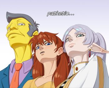 1boy 2girls artist_request brown_hair capelet closed_mouth crossover earrings elf floating_earrings frieren green_eyes grey_hair jewelry long_hair long_pointy_ears looking_at_viewer looking_down meme multiple_girls neon_genesis_evangelion parody parted_lips pathetic_(meme) pointy_ears seymour_skinner shirt short_hair souryuu_asuka_langley sousou_no_frieren style_parody teardrop_earrings the_end_of_evangelion the_simpsons trait_connection twintails upward_angle_frieren_drawing_(meme) white_capelet white_hair yellow_shirt