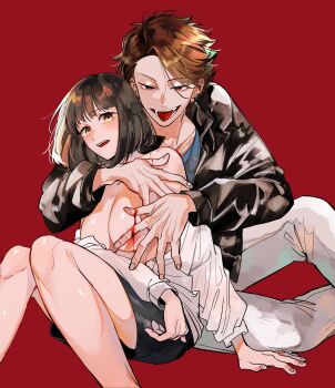 Rule 34 | 1boy, 1girl, :d, black hair, black jacket, black skirt, blood, blood on hands, blue shirt, bob cut, breasts, brown hair, commentary request, fangs, hetero, highres, jacket, knees up, large breasts, looking at viewer, male yandere, open mouth, original, pants, pencil skirt, red background, scared, shirt, short hair, simple background, sitting, skirt, smile, tongue, tongue out, umekoppe, vampire, white pants, yandere