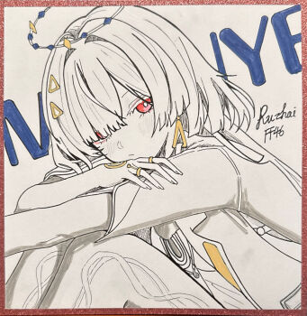 1girl blush character_name chinese_commentary closed_mouth commentary_request earrings hair_intakes hair_ornament halo highres jacket jewelry knees_up long_hair looking_at_viewer looking_to_the_side mornye_(wuthering_waves) red_eyes ru_zhai signature sitting solo traditional_media triangle_earrings turning_head wuthering_waves