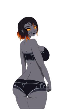 absurdres ass from_behind bra dark-skinned_female dark_iron_dwarf dark_skin facial_tattoo fiery_hair flaming_eye glowing glowing_eyes glowing_hair highres huge_ass looking_at_viewer non-web_source panties tattoo thick_thighs thighs underwear warcraft world_of_warcraft