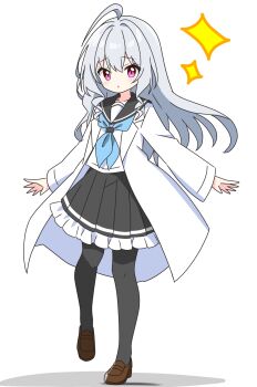 1girl ahoge black_pantyhose black_sailor_collar black_skirt blue_neckerchief blush brown_shoes collarbone commentary_request dot_nose frilled_skirt frills full_body grey_hair hair_between_eyes hair_intakes highres kotatsu-mazoku lab_coat lab_coat_girl_(kotatsu-mazoku) long_hair long_sleeves looking_at_viewer neckerchief open_mouth original pantyhose pink_eyes pleated_skirt sailor_collar school_uniform serafuku shirt shoes simple_background skirt solo sparkle standing white_background white_shirt