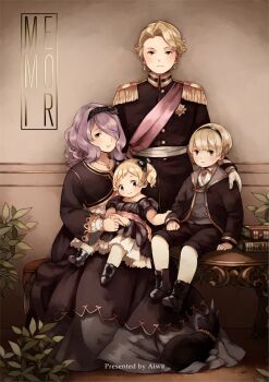 2boys 2girls aged_down ai-wa ankle_boots arm_at_side arm_grab artist_name ascot black_bow black_dress black_footwear black_jacket black_ribbon black_shorts blonde_hair blush book book_stack boots bow brother_and_sister brothers brown_eyes camilla_(fire_emblem) child closed_mouth clothes_grab cross-laced_footwear dress elise_(fire_emblem) epaulettes fire_emblem fire_emblem_fates flipped_hair floor frown hair_over_one_eye hair_ribbon hairband hand_on_own_thigh indoors jacket jewelry leo_(fire_emblem_fates) long_sleeves medal medium_hair multiple_boys multiple_girls necklace nervous nintendo one_eye_covered outstretched_arm pantyhose pendant puffy_short_sleeves puffy_sleeves purple_eyes purple_hair ribbon sash short_sleeves shorts shoulder_sash siblings sisters sitting sitting_on_table smile standing stool table twintails vest wall white_legwear xander_(fire_emblem)