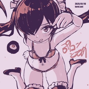 1girl :q arm_support arm_up backbeako_(torotei) backbeard blush bow bow_bra bra breasts closed_mouth collarbone commentary dated dated_commentary gegege_no_kitarou gloves hair_over_one_eye kono_lolicon_domome loli long_hair looking_at_viewer maid_headdress monochrome navel original paid_reward_available panties pear-shaped_figure pink_background pointy_ears shoes simple_background sitting small_breasts smile solo sweat tongue tongue_out torotei translated twintails underwear underwear_only watermark web_address