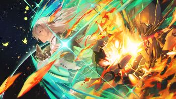 1girl aqua_skirt armor artist_logo artist_name black_hairband black_jacket commentary daniel_deng english_commentary fire fireflies firefly_(honkai:_star_rail) from_side glowing grey_hair hairband henshin henshin_pose highres honkai:_star_rail honkai_(series) jacket logo long_hair power_armor profile sam_(honkai:_star_rail) shirt skirt star_(sky) upper_body white_armor white_shirt