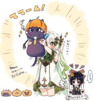 1boy 1girl animal animalization armlet arms_at_sides arms_up black_hair black_overalls bloomers blue_gemstone blunt_ends blush bright_pupils cape casual cat cat_hair_ornament circle_hands clenched_hands contemporary cropped_legs cross-shaped_pupils detached_sleeves dress emphasis_lines english_text eyelashes feathers fingernails fur_wrist_cuffs gem genshin_impact gold_trim green_cape green_eyes green_gemstone green_hair green_sleeves hair_between_eyes hair_intakes hair_ornament halloween halloween_costume heart heart_hair_ornament highres holding holding_animal holding_cat jewelry long_hair looking_at_animal marionette marionette_controller mixed-language_text multicolored_hair nahida_(genshin_impact) official_alternate_costume onigiri_po_0205 overalls person_and_animalization pointy_ears pom_pom_(clothes) pumpkin_hat puppet purple_cat purple_eyes scaramouche_(cat)_(genshin_impact) scaramouche_(genshin_impact) shirt side_ponytail sidelocks streaked_hair symbol-shaped_pupils tareme translation_request undershirt underwear vision_(genshin_impact) wanderer_(genshin_impact) white_background white_bloomers white_dress white_hair white_pupils white_shirt wispy_bangs wrist_cuffs yellow_feathers