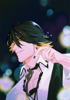 1boy black_hair black_nails commentary_request facial_hair hair_between_eyes light_particles looking_at_viewer male_focus nagasone_kotetsu ncww_rinichi pectoral_cleavage pectorals shirt short_hair smile solo stubble touken_ranbu upper_body white_shirt yellow_eyes