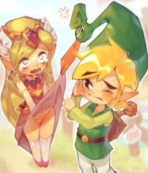 1boy 1girl anger_vein beak blonde_hair child clothes_lift clothes_pull dress dress_lift dress_pull ezlo fang flying_sweatdrops green_hat green_tunic hat highres link nintendo onimiere panties pink_dress princess_zelda shield shield_on_back skirt skirt_lift spoken_blush sword sword_on_back tearing_up the_legend_of_zelda the_legend_of_zelda:_the_minish_cap tiara toon_link toon_zelda tunic underwear weapon weapon_on_back white_panties