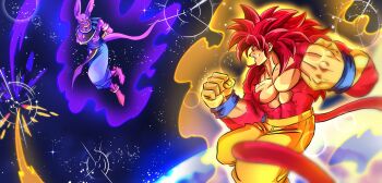 2boys aura beerus dragon_ball dragon_ball_daima dragon_ball_super fighting highres multiple_boys son_goku space super_saiyan super_saiyan_4