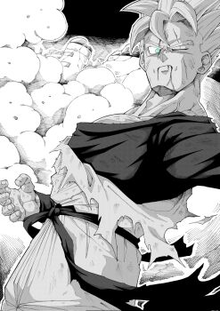 Rule 34 | 1boy, amputee, battle damage, damaged, dougi, dragon ball, dragonball z, highres, injury, male focus, monochrome, solo, son gohan, son gohan (future), son gohan love, spiked hair, super saiyan, super saiyan 1, torn clothes