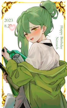 1boy absinthe alcohol blush bottle can coat dated enkephalin_(project_moon) folded_ponytail green_coat green_hair happy_birthday highres library_of_ruina long_hair long_sleeves netzach_(project_moon) open_mouth project_moon shirt smile soju solo white_shirt wine_bottle y0ru73 yellow_eyes