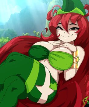 1girl 2026 absurdly_long_hair alphadalley bare_shoulders betilla_(rayman) black_eyes body_freckles bracelet breasts cleavage closed_mouth commentary crossed_legs english_commentary fairy fairy_wings feet female_focus floating forest freckles gold_bracelet green_hat green_thighhighs hair_between_eyes half-closed_eyes hands_on_own_chest hat highres jewelry large_breasts long_hair looking_at_viewer microskirt midriff nature navel outdoors own_hands_together rayman_(series) rayman_origins red_hair side_slit signature skirt smile solo steepled_fingers strapless sunlight thighhighs tree ubisoft very_long_hair wings