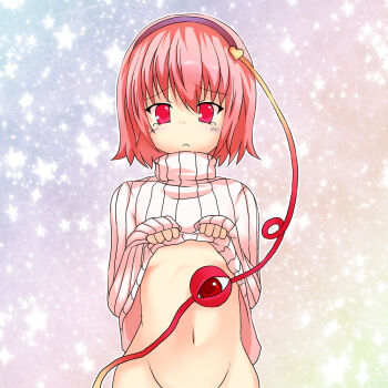 Rule 34 | 1girl, blush, bottomless, clothes lift, eyeball, female focus, flat chest, groin, komeiji satori, kotaka, long sleeves, looking at viewer, naked sweater, shirt lift, short hair, sleeves past wrists, solo, sweater, sweater lift, tears, third eye, touhou, upper body