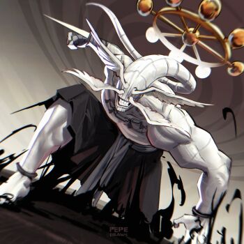 1other barefoot black_pants colored_skin commentary english_commentary four_eyes grin highres jujutsu_kaisen mahoraga_(jujutsu_kaisen) monster muscular_other on_one_knee pants pepedraws smile torn_clothes torn_pants wheel wheel_of_dharma white_skin white_theme wings_as_eyes wrist_blades