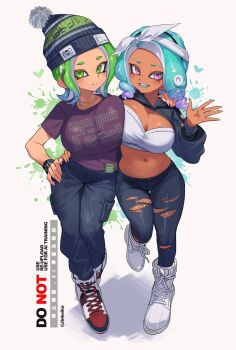 2girls asymmetrical_docking bandeau beanie black_hat black_leggings black_pants black_shoes black_shrug blue_hair blue_tongue bow bow_hairband bracelet breast_press breasts cleavage closed_mouth colored_tongue commentary dark-skinned_female dark_skin drill_hair eyebrow_cut fang full_body gradient_hair green_eyes green_hair hair_bow hairband hand_on_another&#039;s_hip hand_on_another&#039;s_shoulder hand_on_own_hip hat high_tops highres hood hood_down hooded_shrug huge_breasts jewelry jinkoika large_breasts leggings long_sleeves looking_at_viewer medium_hair midriff multicolored_hair multicolored_shoes multiple_girls navel nintendo octoling octoling_girl octoling_player_character open_mouth pants parted_bangs pom_pom_(clothes) pom_pom_beanie purple_eyes purple_hair purple_shirt red_shoes shirt shoes short_sleeves shrug_(clothing) smile sneakers splatoon_(series) standing t-shirt tentacle_hair torn_clothes torn_leggings two-tone_hair white_bandeau white_bow white_hairband white_shoes