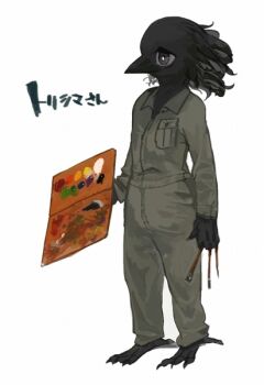 1girl animal_feet bird_girl black_eyes black_feathers claws colored_sclera commentary_request feathers full_body furry furry_female grey_jumpsuit grey_sclera holding holding_paint_palette holding_paintbrush jumpsuit nagabe original paint paint_palette paintbrush simple_background solo standing white_background