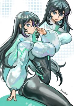 1girl aqua_eyes ass black_bodysuit black_hair bodysuit breasts covered_navel green_eyes gundam gundam_build_divers gundam_build_divers_re:rise hair_between_eyes highres large_breasts long_hair long_sleeves looking_at_viewer may_(gundam_build_divers_re:rise) okrdisk2000 open_mouth shrug_(clothing) solo very_long_hair