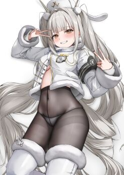 1girl absurdres blanc_(nikke) boots coat commentary_request goddess_of_victory:_nikke grey_hair highres minazuki_(uraha246) panties pantyhose smile solo twintails underwear white_coat white_hair yellow_eyes