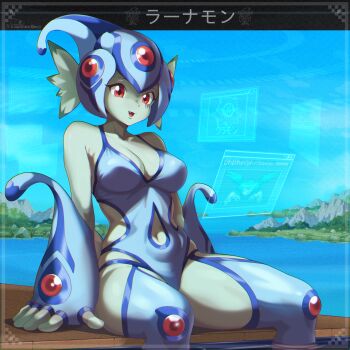Rule 34 | 1girl, arm support, bare shoulders, blue gloves, blue leggings, blue one-piece swimsuit, blue sky, breasts, character name, cleavage, clothing cutout, collarbone, colored skin, commentary, cowboy shot, curvy, day, dclaret, detached leggings, digimon, digimon (creature), english commentary, fang, fingerless gloves, fins, gloves, green skin, head fins, highleg, highleg one-piece swimsuit, highres, holographic monitor, kuramon, lake, leggings, medium breasts, monster girl, navel, navel cutout, one-piece swimsuit, open mouth, outdoors, ranamon, red eyes, shutumon, side cutout, sitting, sky, soaking feet, solo, swimsuit, twitter username, water, wide hips