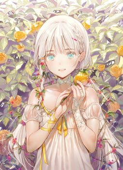 1girl aqua_eyes bare_shoulders braid choker detached_sleeves dress dsmile eyebrows female_focus flat_chest flower food frilled_dress frills fruit hair_ornament hair_vines hairclip henna holding holding_flower leaf long_hair looking_at_viewer low_twintails md5_mismatch nail_polish original plant resolution_mismatch ribbon rose side_braid solo source_larger strapless strapless_dress twintails upper_body vines white_dress white_hair wrist_ribbon yellow_flower yellow_nails yellow_ribbon yellow_rose