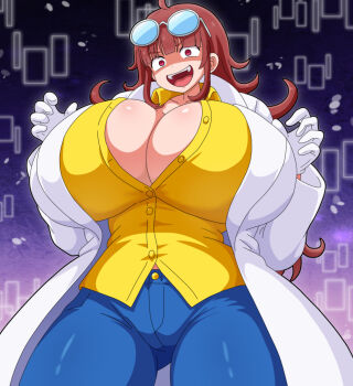 1girl alternate_breast_size_(larger) blue_pants blunt_bangs breast_expansion brown_hair coat denim glasses_on_head gloves highres hitokiwa_kenchin lab_coat may_russelheart open_mouth pants purple_background red_eyes shirt smile standing unbuttoned unbuttoned_shirt unmei_no_makimodoshi white_coat white_gloves yellow_shirt
