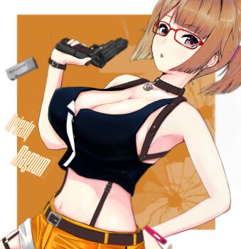 Rule 34 | 1girl, alternate hairstyle, bizen kurage, blush, breasts, brown hair, cleavage, commentary request, english text, girls' frontline, glasses, grizzly mkv (girls' frontline), grizzly mkv (weekend cop) (girls' frontline), gun, highres, l.a.r. manufacturing, lar grizzly win mag, large breasts, looking at viewer, magazine (weapon), official alternate costume, open mouth, ponytail, purple eyes, short hair, shorts, solo, weapon, witness holes