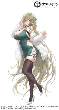 1girl absurdly_long_hair azur_lane black_thighhighs blonde_hair breasts butterfly_hair_ornament cleavage comiket_107 covered_navel de_zeven_provincien_(azur_lane) dress full_body fur_jacket green_dress green_eyes guchico hair_ornament hair_over_one_eye high_heels huge_breasts jacket long_hair looking_at_viewer merchandise_available official_alternate_costume official_art pointy_ears shoes simple_background skindentation solo standing standing_on_one_leg thighhighs very_long_hair white_background white_jacket white_shoes