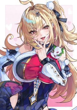 1girl ahoge bare_shoulders blonde_hair blush border breasts chalky_(zenless_zone_zero) cissia_(zenless_zone_zero) commentary_request detached_sleeves fangs forked_tongue hair_ornament hairclip heart inishie_no_tanaka large_breasts long_hair looking_at_viewer metal_wrist_cuffs open_mouth pink_background pom_pom_(clothes) pom_pom_hair_ornament red_eyes snake snake_girl snake_tail tail tongue tongue_out underboob upper_body v v_over_mouth white_border white_snake zenless_zone_zero