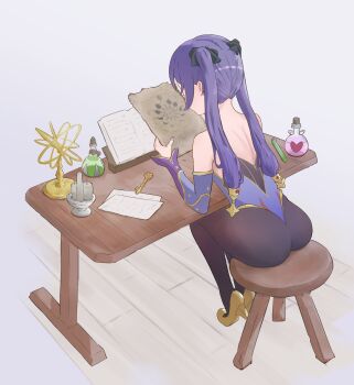 1girl absurdres ass ass_focus back bare_shoulders blue_leotard book bottle candle detached_sleeves facing_away from_above from_behind genshin_impact grey_background high_heels highres holding holding_paper leotard long_hair mona_(genshin_impact) paper potion purple_hair reading sitting solo stool syd_(user_zyeu8583) table twintails