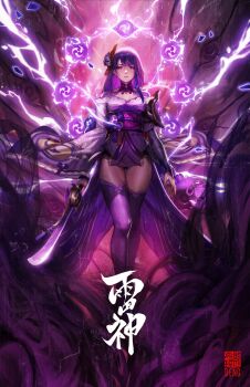 1girl absurdres blunt_bangs braid breasts cleavage daniel_deng electricity flower full_body genshin_impact hair_flower hair_ornament highres holding holding_weapon japanese_clothes kimono long_hair looking_at_viewer low-braided_long_hair low-tied_long_hair mole mole_under_eye purple_eyes purple_hair purple_kimono purple_thighhighs raiden_shogun solo thighhighs vision_(genshin_impact) weapon wide_sleeves
