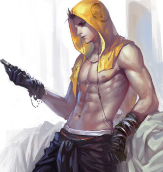 Rule 34 | 1boy, abs, black gloves, black pants, cellphone, gloves, holding, holding phone, hood, kdash, leaning, male focus, male underwear, male underwear peek, navel, pants, pectorals, phone, red eyes, sengoku basara, smartphone, solo, tokugawa ieyasu (sengoku basara), toned, toned male, topless male, underwear, yellow hood