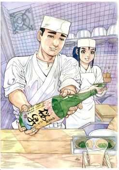 1boy 1girl alcohol apron black_hair blue_hair border bottle brown_eyes commentary_request cook cup drinking_glass half-closed_eyes hat highres holding holding_bottle holding_cup honjo_kei indoors kitaoka_souta leaf long_hair masami_(souta_no_houchou) official_art open_mouth parted_lips pillbox_hat ponytail sake sake_bottle shirt short_hair short_sleeves sidelocks signature smile souta_no_houchou standing table tile_wall tiles traditional_media white_apron white_border white_hat white_shirt